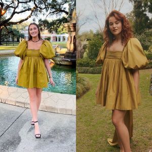 Aje Casabianca Puff Sleeve Bow Mini Dress Olive Green Smock Size AU 10 US 6